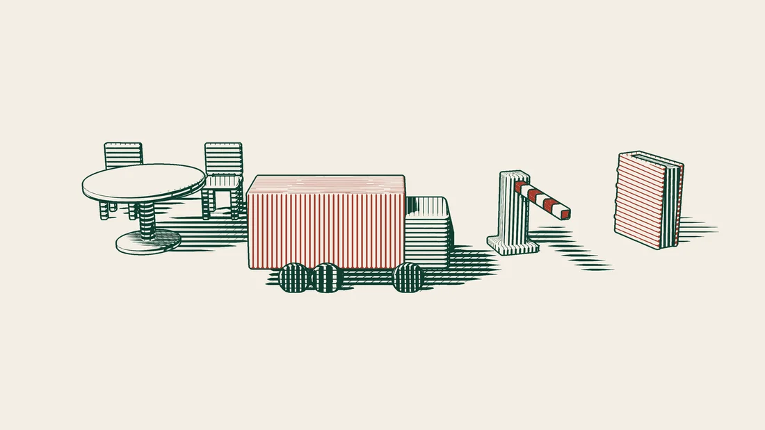 A round table with empty chairs, a loaded truck heading towards a lowered barrier, and a red-bound court book.