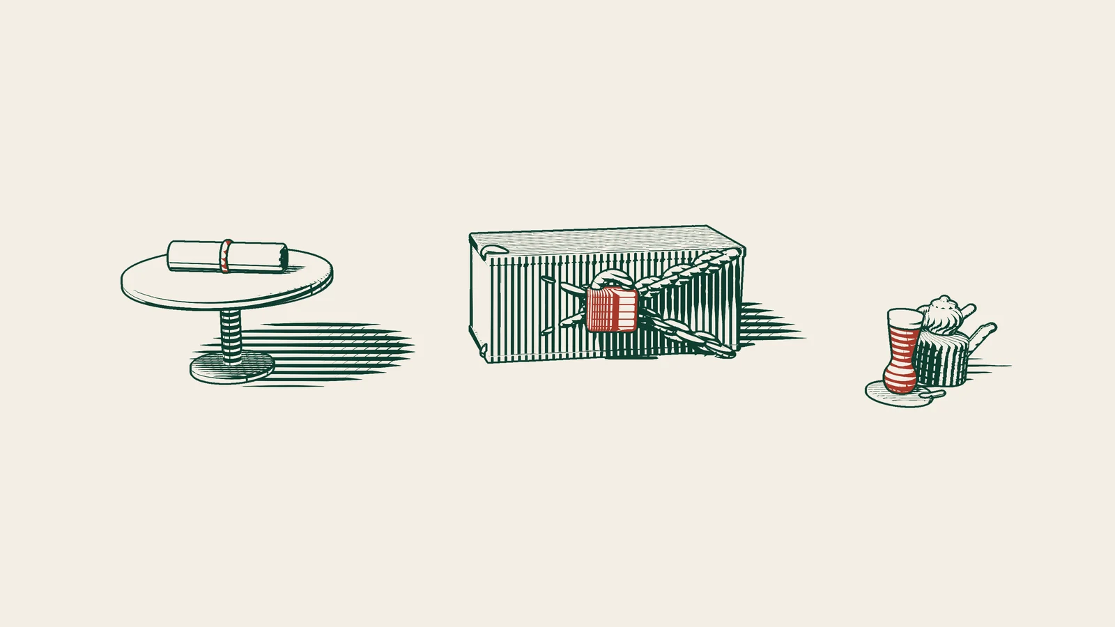 Engraving: a ribboned arbitration agreement on a round table, beside a cargo container bound with crossed chains and a red padlock, and a Turkish tea set.