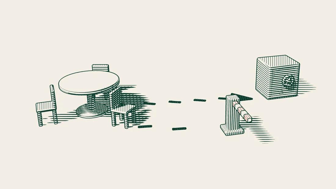 From an arbitration table with three chairs, one arrowed path reaches a steel safe with a wheel handle, while a second stops at a closed barrier.