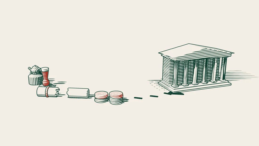 A ribboned certificate torn in two, coin stacks with red tops, and a dashed arrow leading to a columned public building.