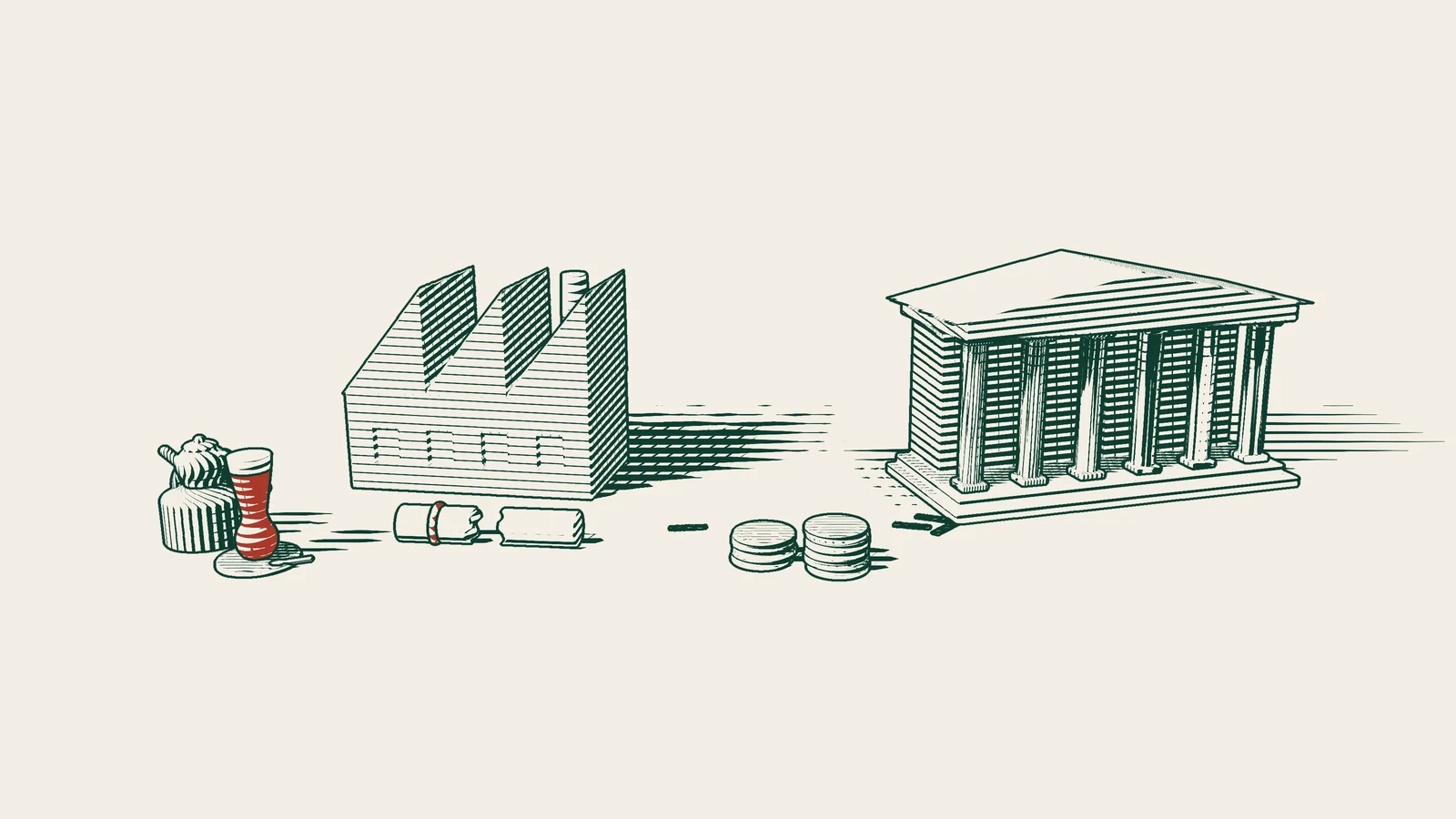 Engraving: a ribboned certificate torn in two lies in front of a factory, while coin stacks travel along a dashed arrow to a columned public building; a Turkish tea set stands to the left.