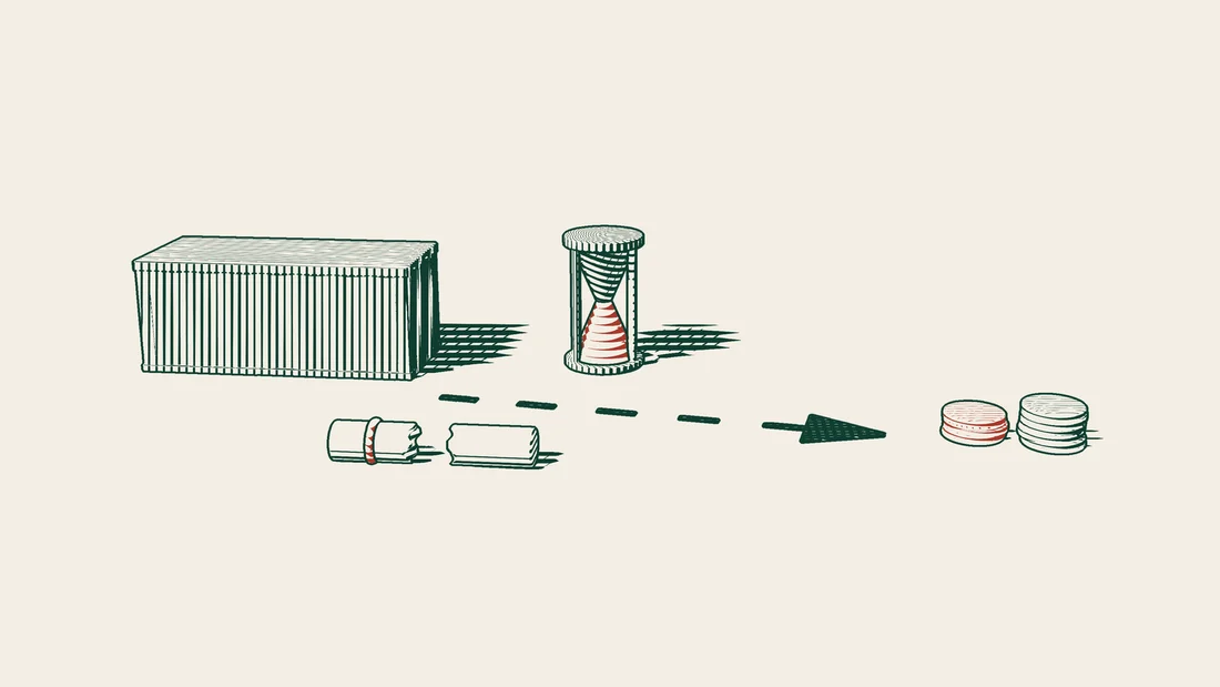A shipping container with a dashed arrow to a red-topped coin stack, an hourglass with its sand run out and a torn ribboned scroll between.