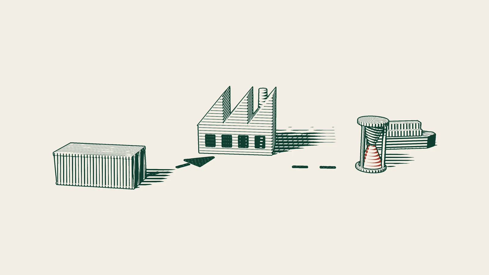 Engraving: a shipping container with a dashed arrow into a factory, an hourglass with its sand run out, and a container ship in the distance.