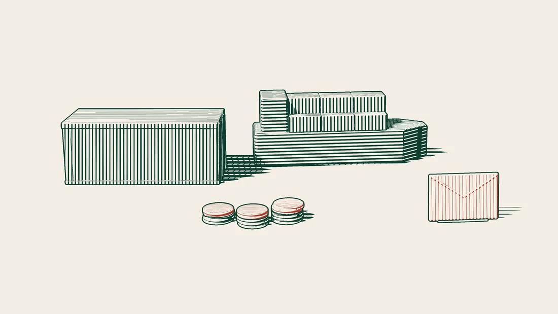 Stacks of coins with red tops stand in front of a shipping container and a ship, beside a red envelope.
