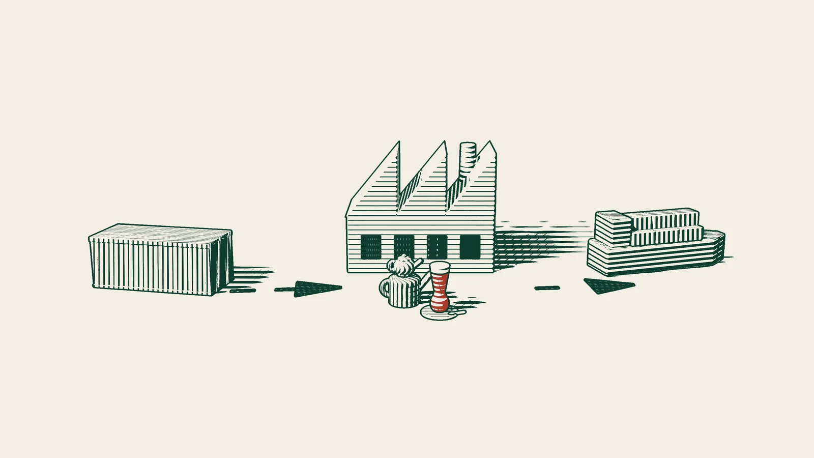 Engraving: imported boxes following an arrowed path into a factory, a second path leading from the factory to a ship, with a Turkish tea set.