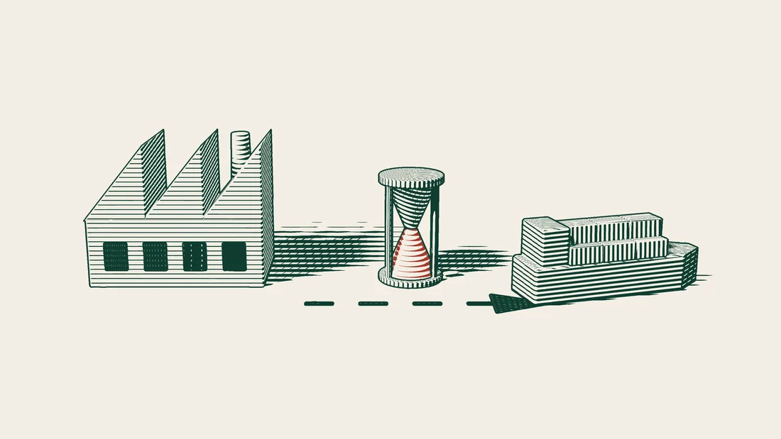 An hourglass standing on the ground between a factory on one side and a ship on the other.