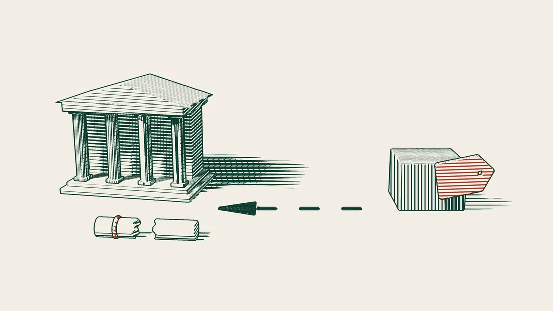A crate with a red tag on the right, a dashed arrow leading to a columned office building, and a torn ribboned scroll in front of it.