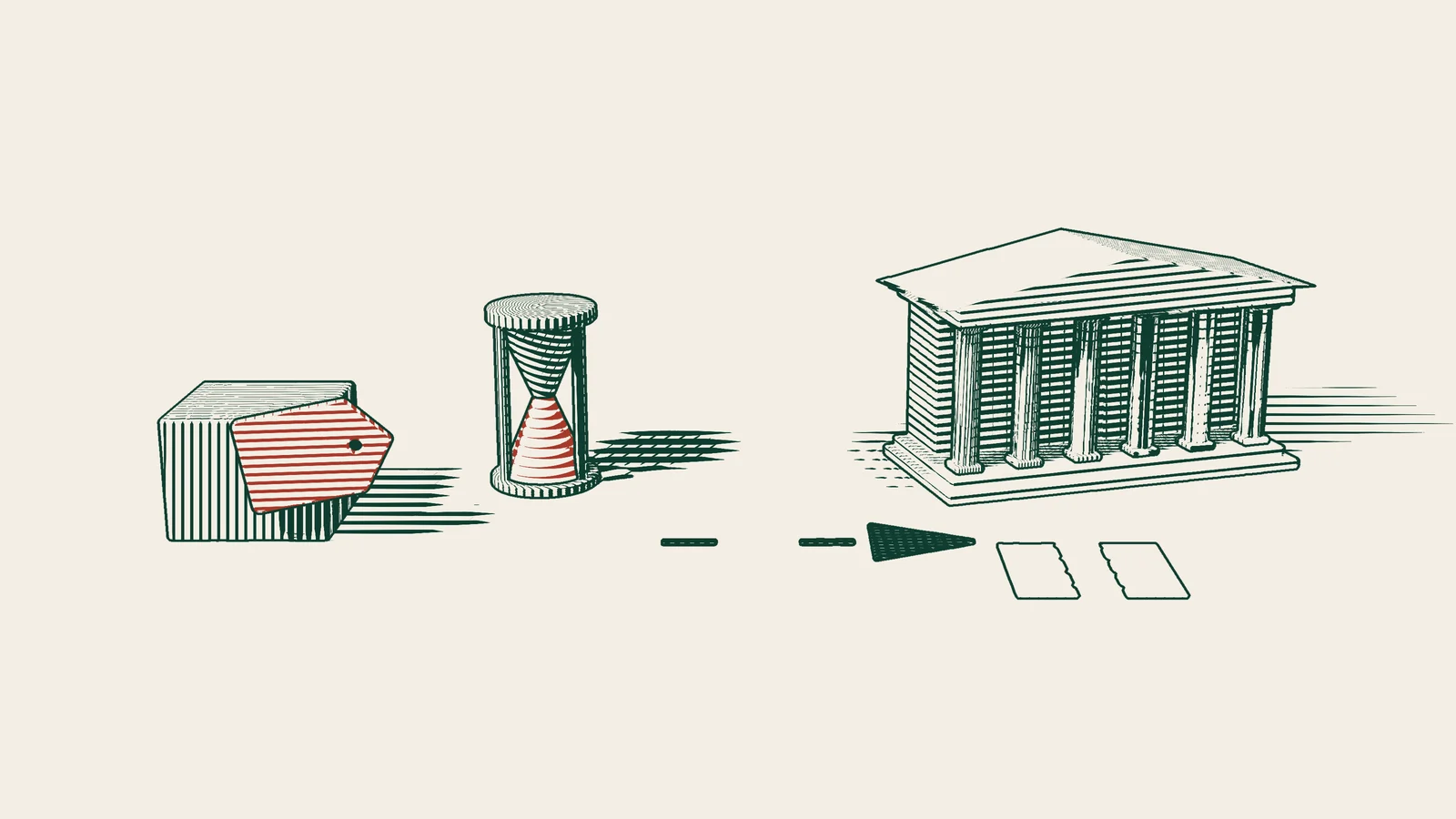 Engraving: a product box with a red label waits at the edge beside an emptied hourglass, while a road leads to a columned building and a torn document.
