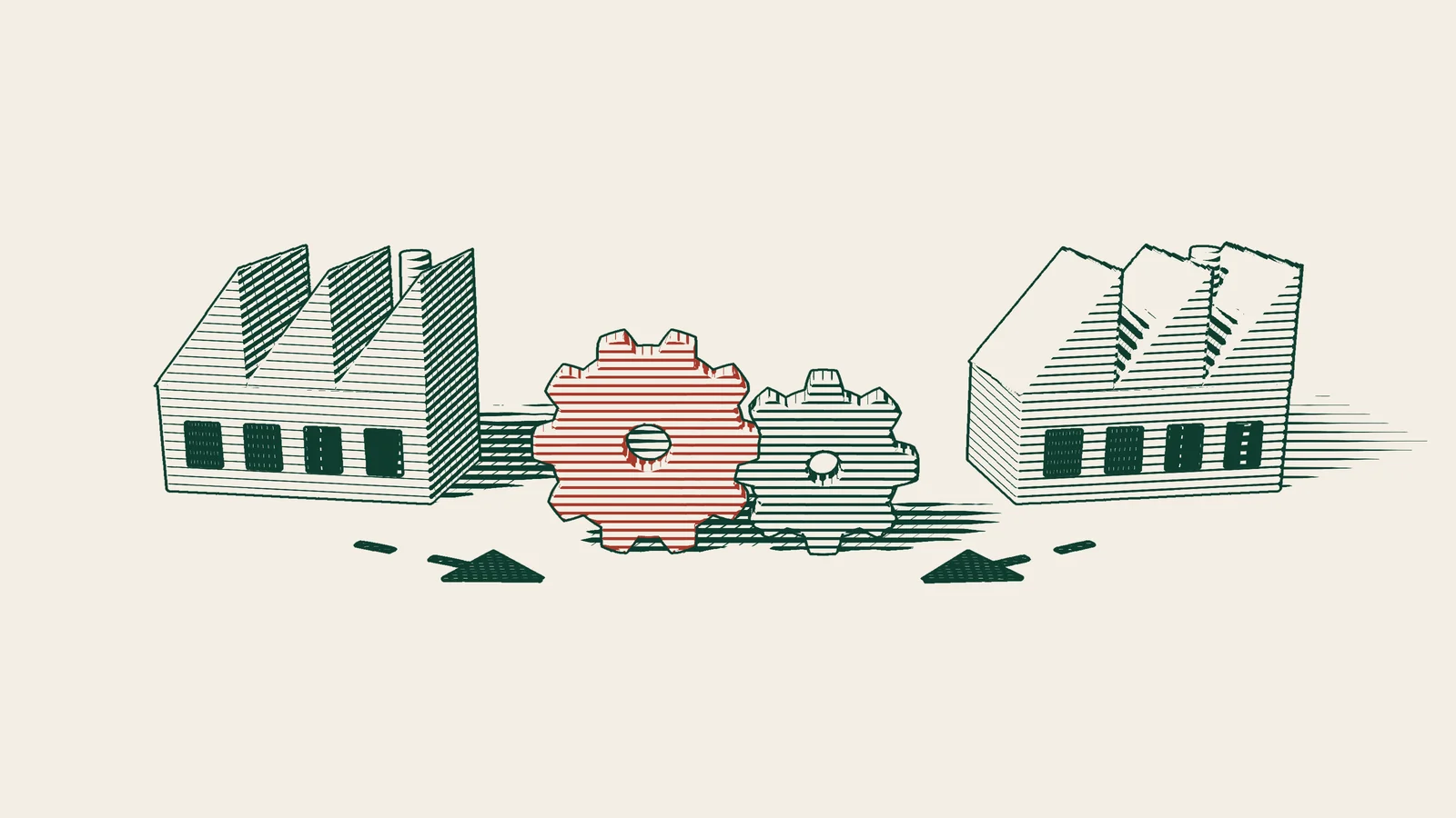 Engraving: two separate factories on the left and right, with arrow paths from each meeting at two interlocking cogwheels in the middle.