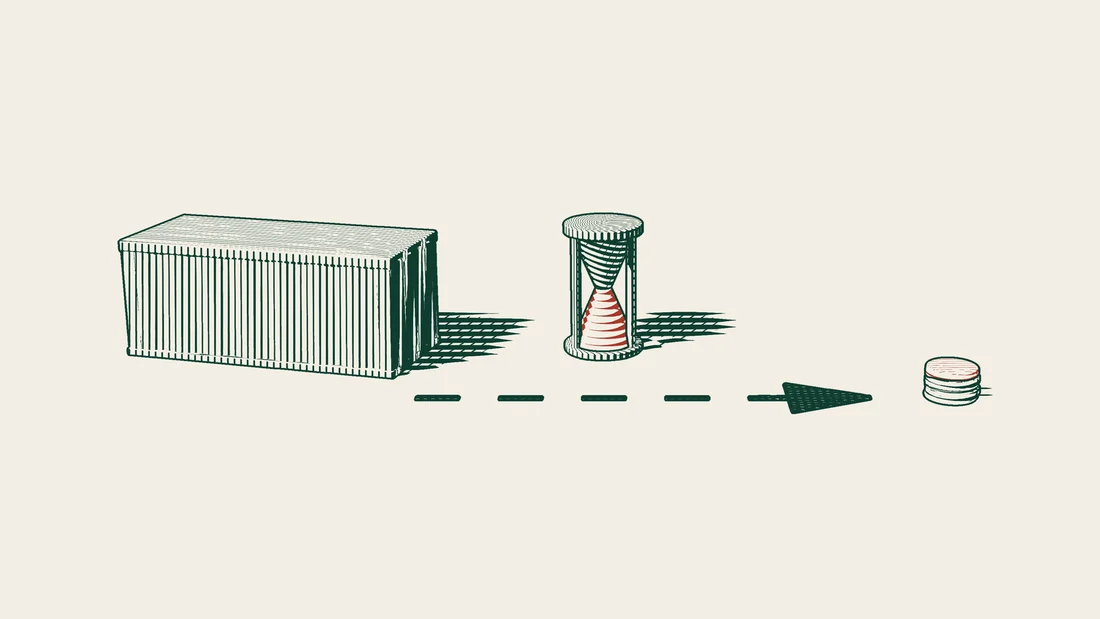 A cargo container with clearly drawn doors and corner fittings, and an arrowed path running past an hourglass to a coin stack topped in red.