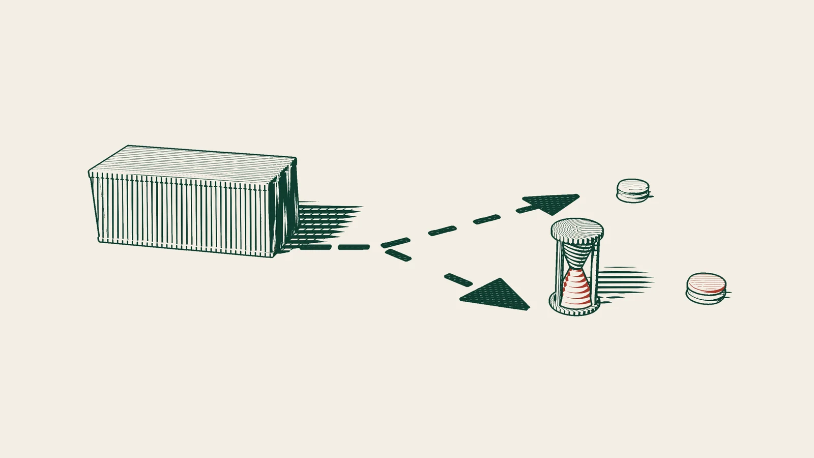 Engraving: a path from a container splits in two, leading to a coin stack on one side and, past an hourglass, a coin stack with a red slice removed.