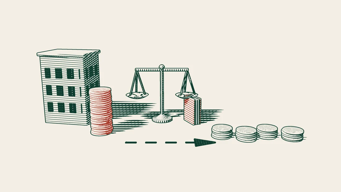 An arrow path leads from a tall red coin tower beside a company building, past scales and a red bound book, to several small equal towers.
