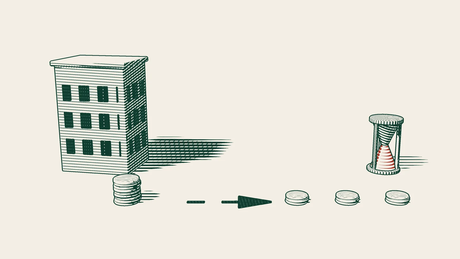 Engraving: an arrow path leads from one large stack of coins to three small ones, with a company building and an hourglass behind.