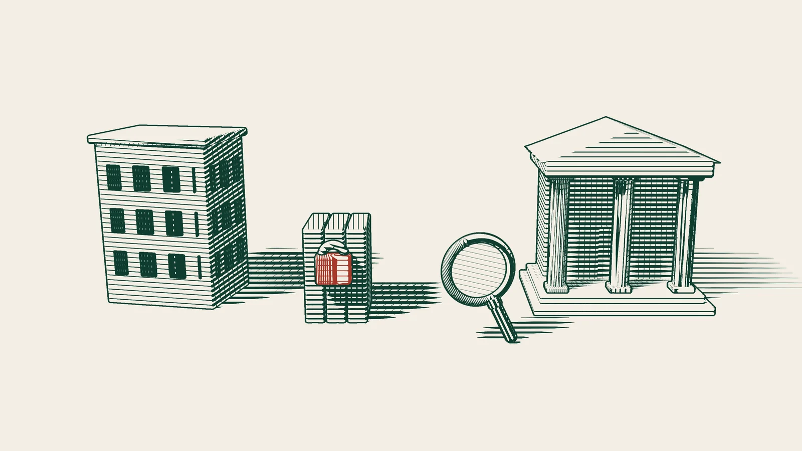 Engraving: red padlocked file folders stand beside a company building, with a magnifying glass aimed at the folders and a columned building nearby.