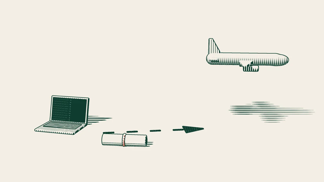 A laptop with a dark screen, a ribboned contract scroll beside it, and a dashed arrow leading towards an aeroplane.