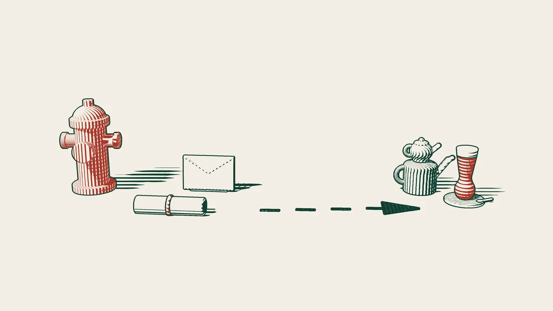 A ribboned document and an envelope beside a red fire hydrant, with an arrowed path leading to a Turkish tea set.