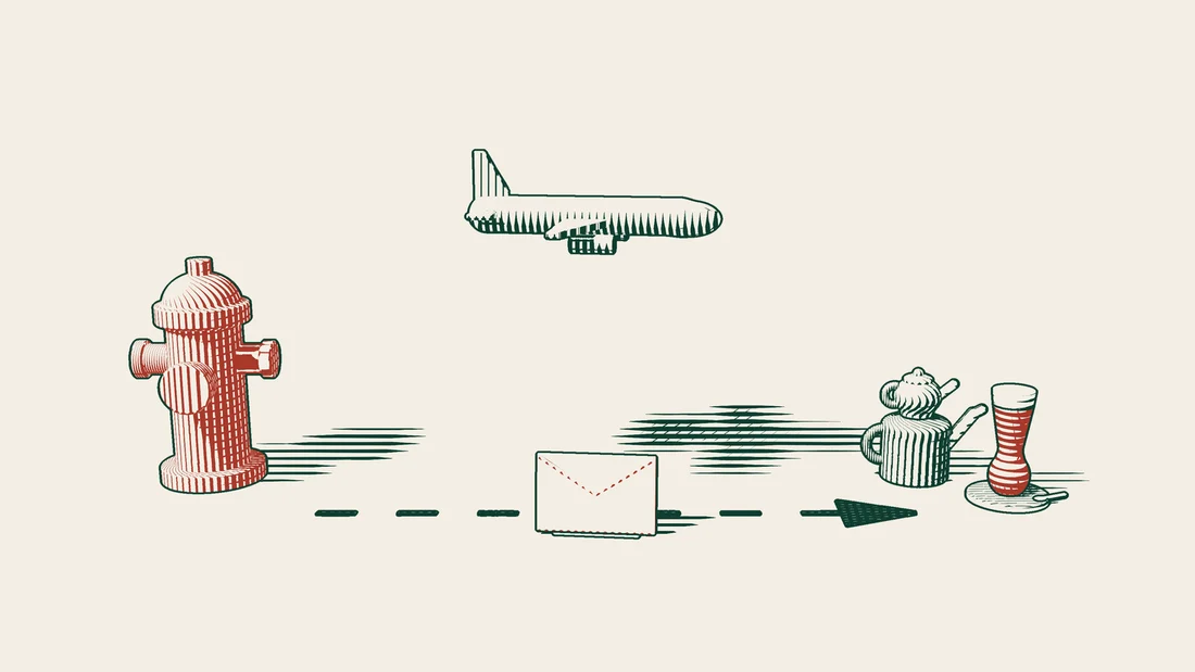 A plane takes off beside a red US fire hydrant, a red envelope on the arrowed path below it, ending at a Turkish tea set.