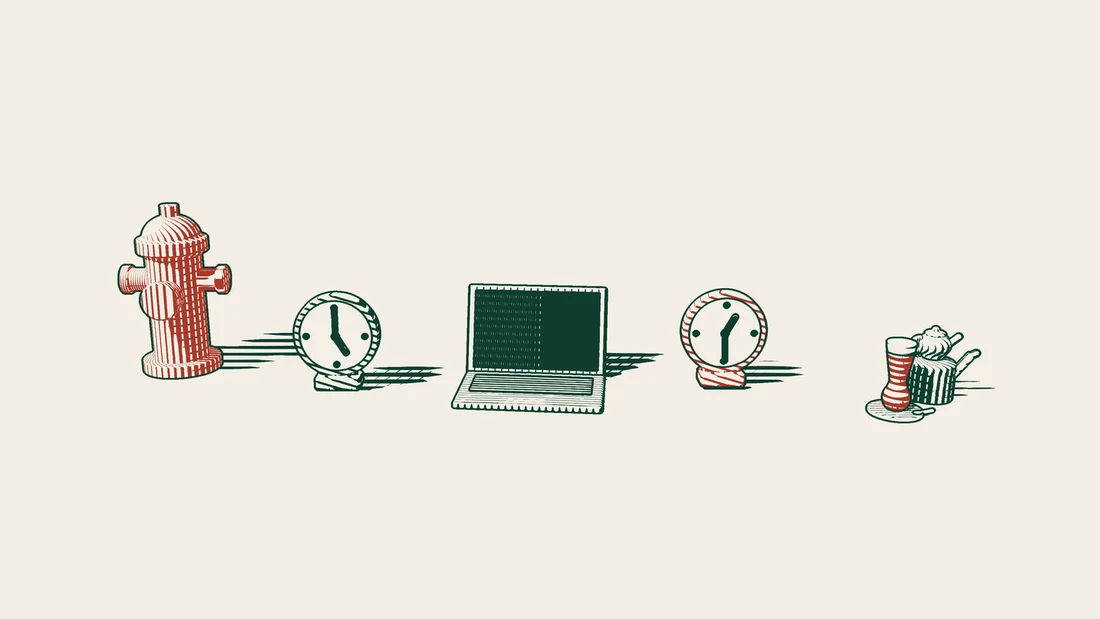 A laptop with a dark screen between two desk clocks showing different times, a red fire hydrant on one side and a Turkish tea set on the other.