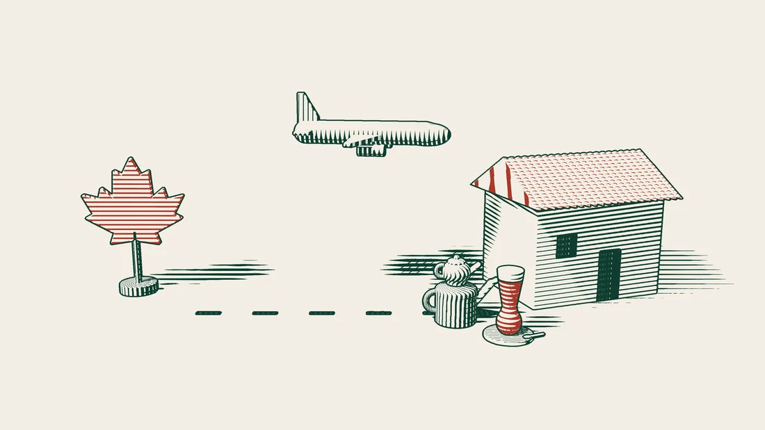 A plane takes off from beside a red maple leaf and flies towards a tiled-roof house, with a Turkish tea set next to the house.