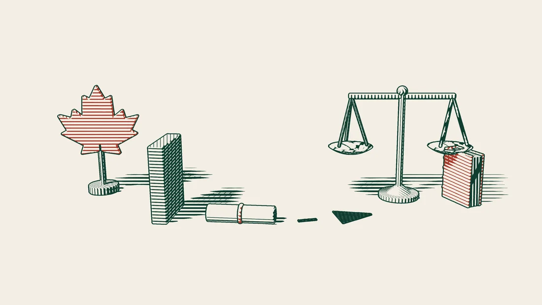 A red maple leaf beside an upright file folder and a ribboned power of attorney scroll, with a dashed arrow leading to scales and a red-bound court book.