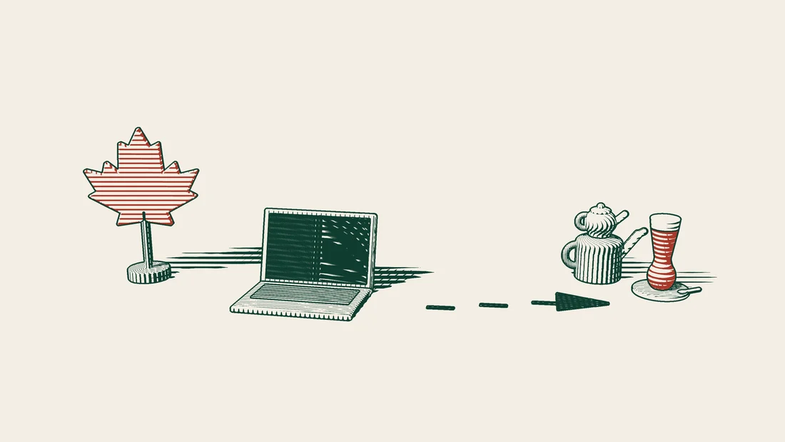 A closed laptop with a dark screen beside a red maple leaf, and an arrowed path leading to a Turkish tea set.