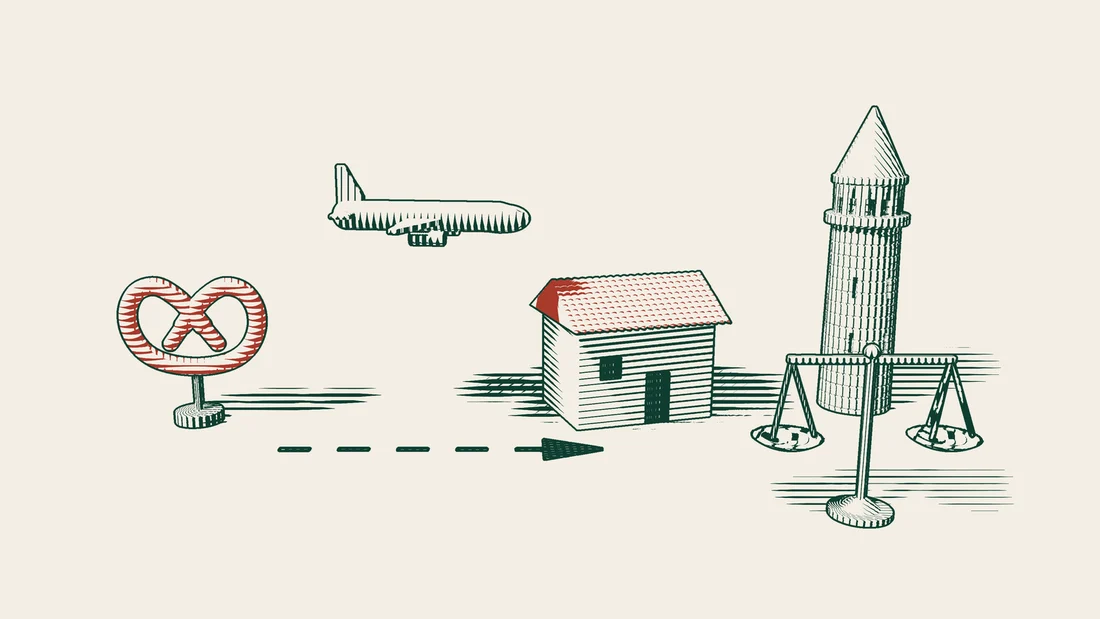 An aeroplane leaves a red pretzel on a stand and follows a dashed path towards a tiled-roof house, with a balance and an Istanbul stone tower beside it.