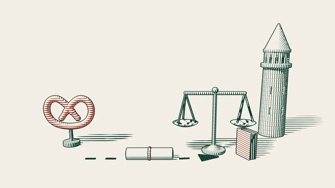 A ribboned document on a dashed path leading from a red pretzel to a balance and a red-bound book, with an Istanbul stone tower behind.