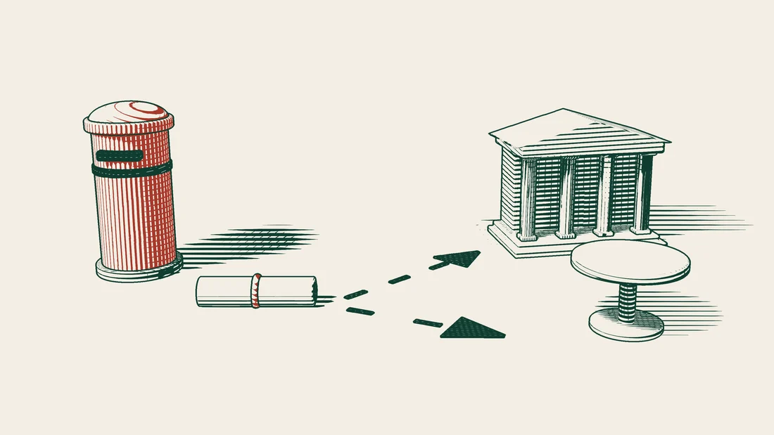 A ribboned scroll by a red pillar box starts an arrowed path that splits toward a columned building and a desk with a blank sheet.