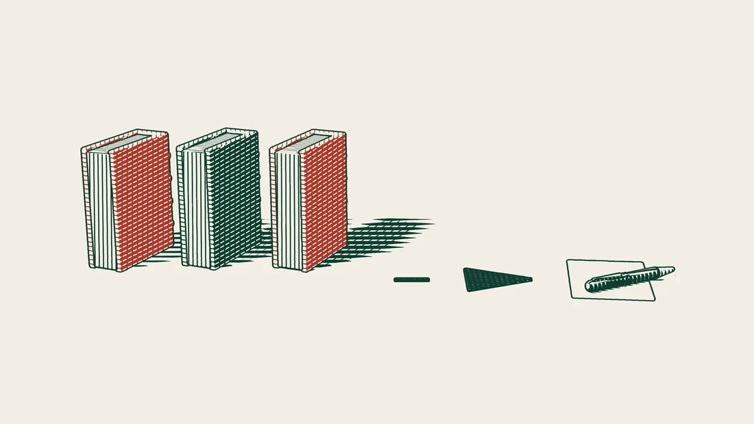 Closed bound books stand side by side on the left, and a short arrow leads to a new blank page with a pen on it.