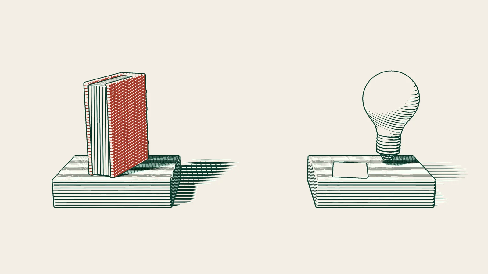 Engraving: two stone plinths, the left holding a red-bound law book, the right holding blank draft sheets and a light bulb.
