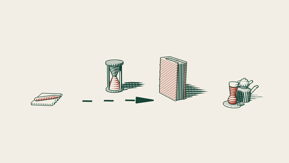 An arrowed path runs from blank sheets of paper to a red-bound law book, with an hourglass at the side of the path.