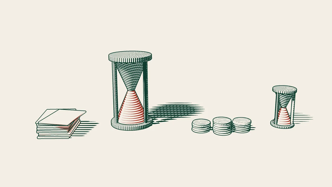 Engraving of a large hourglass beside a pile of invoices on the left and a smaller hourglass beside stacks of coins on the right.