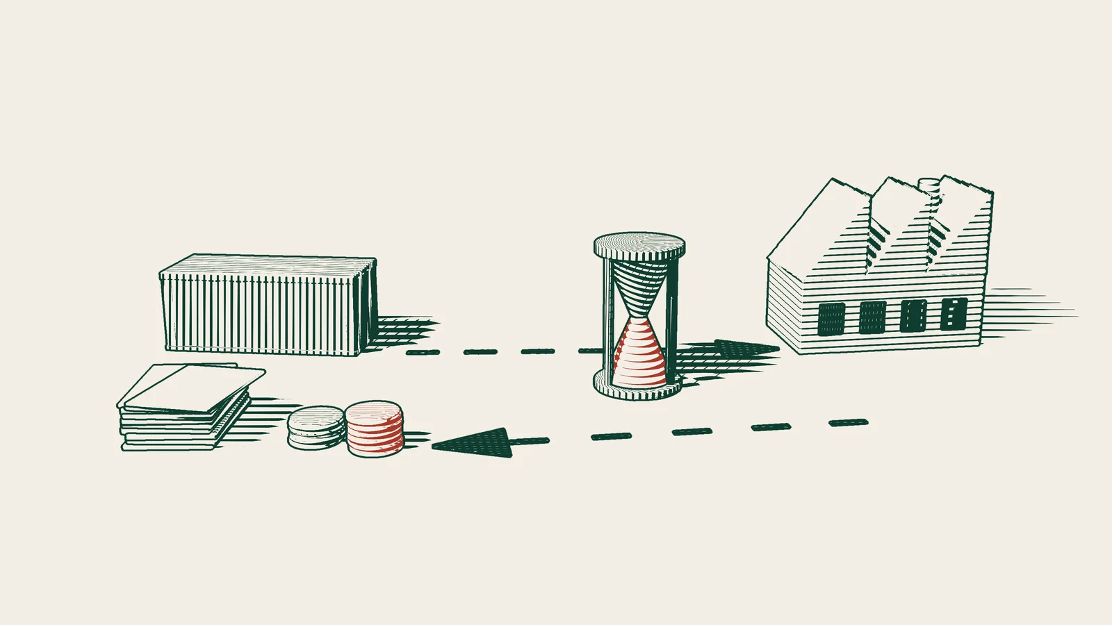 Engraving: a dashed arrow path runs from a shipping container to a factory, and a second path returns from the factory to a red stack of coins and a pile of invoices, with an hourglass in the middle.