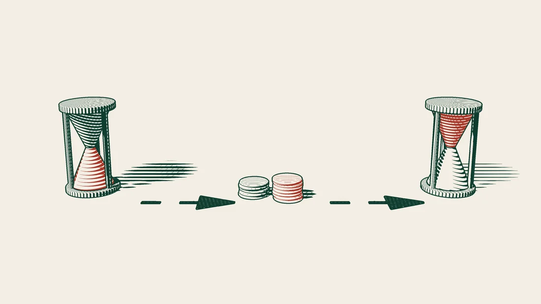 An hourglass with its sand run out on the left, an arrowed path to a red stack of coins, and a new hourglass with sand in its upper chamber.