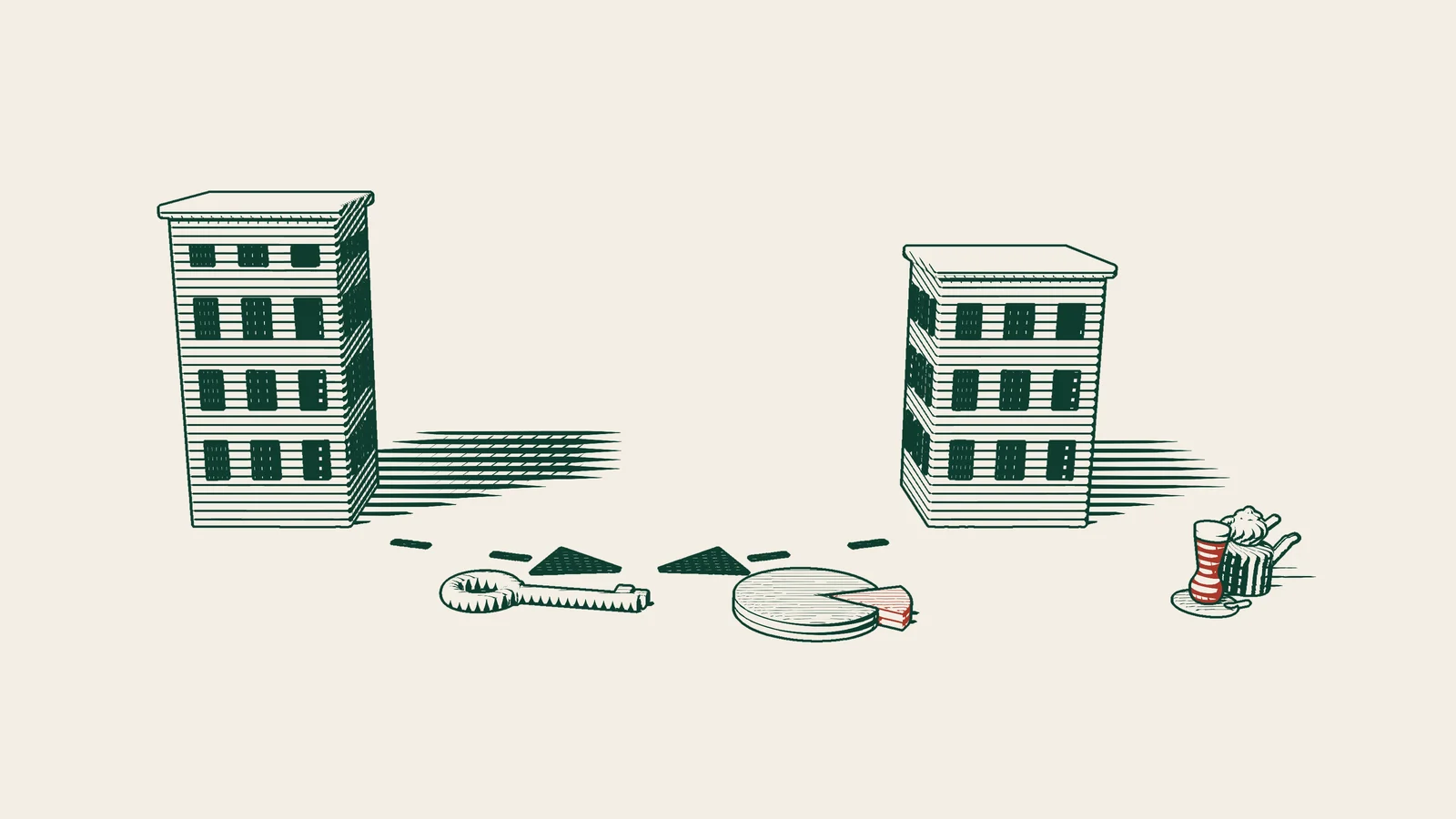Engraving: arrows from two company buildings meet in the middle, with a brass key and a segmented disc in front and a Turkish tea set beside them.