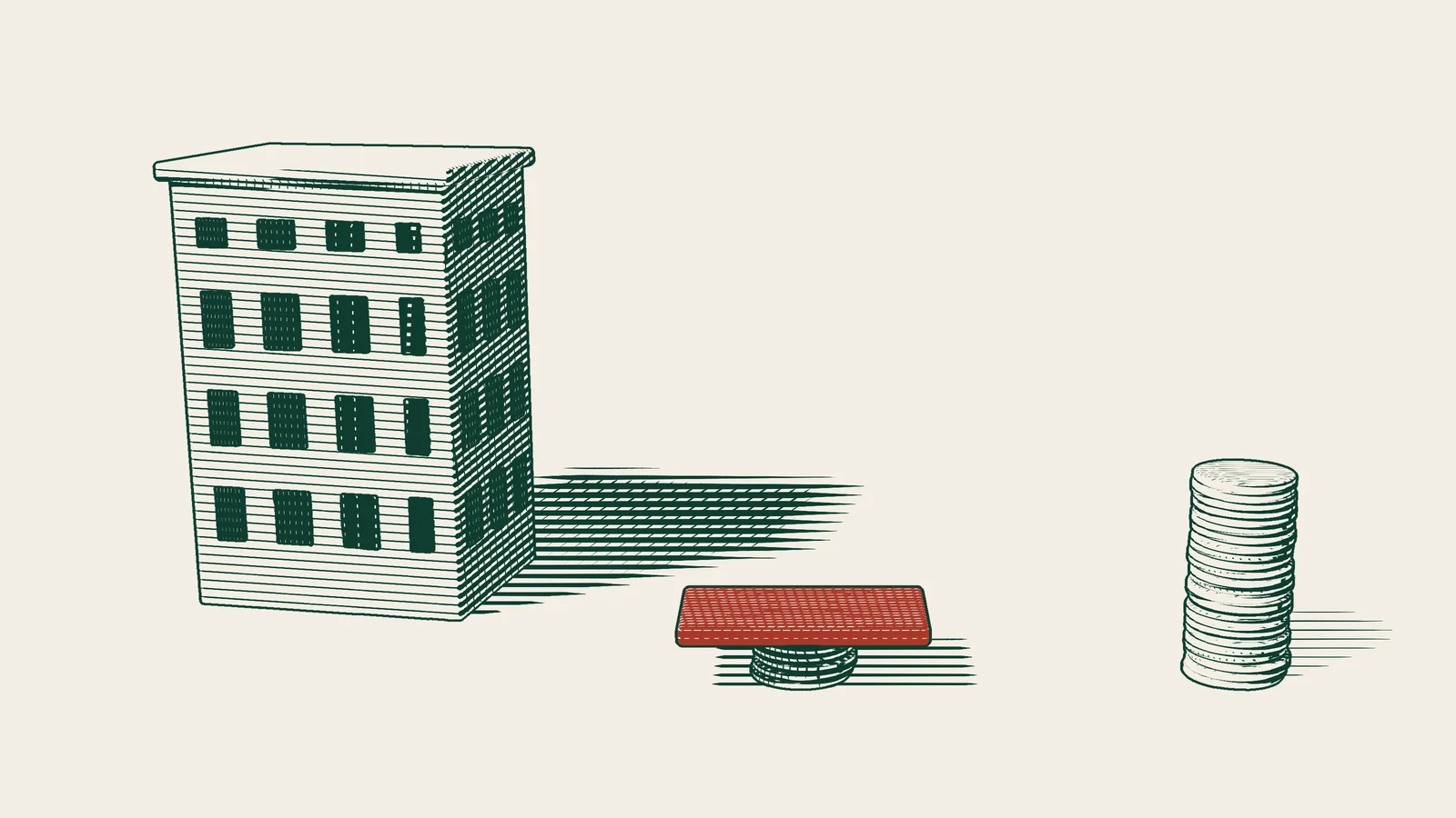 Engraving: an apartment block with a short stack of coins under a red bar and a much taller stack rising beside it with no bar.