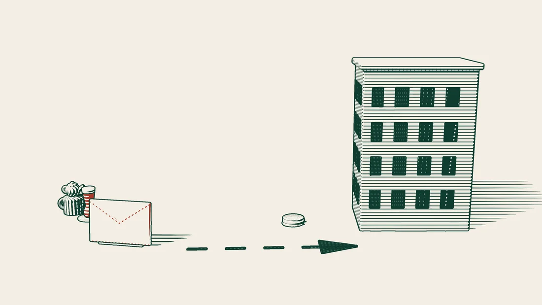 A red envelope travels along an arrowed path to the door of an apartment building, with a small stack of coins beside it.