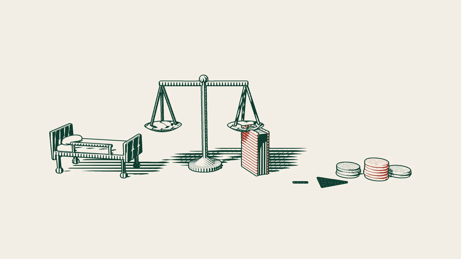 Engraving: a hospital bed, a scale beside a red bound book, and an arrowed path that ends in stacks of coins of different heights.