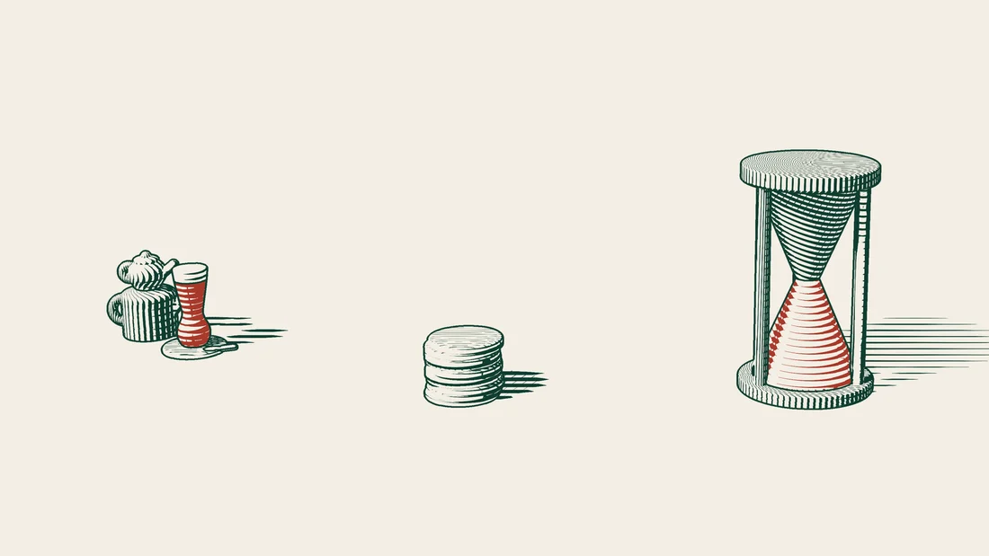 An hourglass stands next to a tall stack of coins drawn in dark green lines on cream paper.