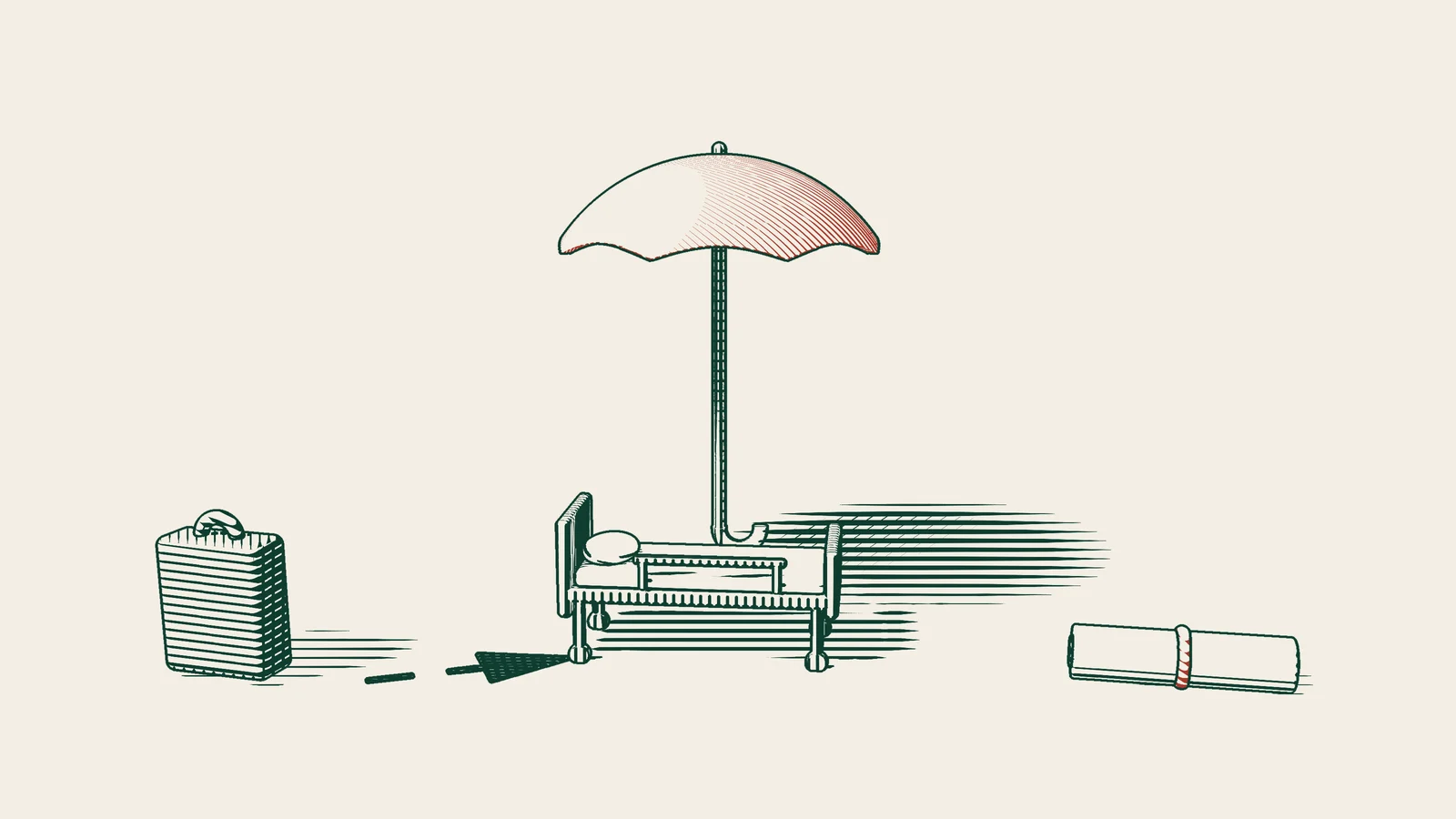 Engraving: a suitcase with a dashed arrow to a hospital bed under a red umbrella, and a ribboned policy scroll lying nearby.