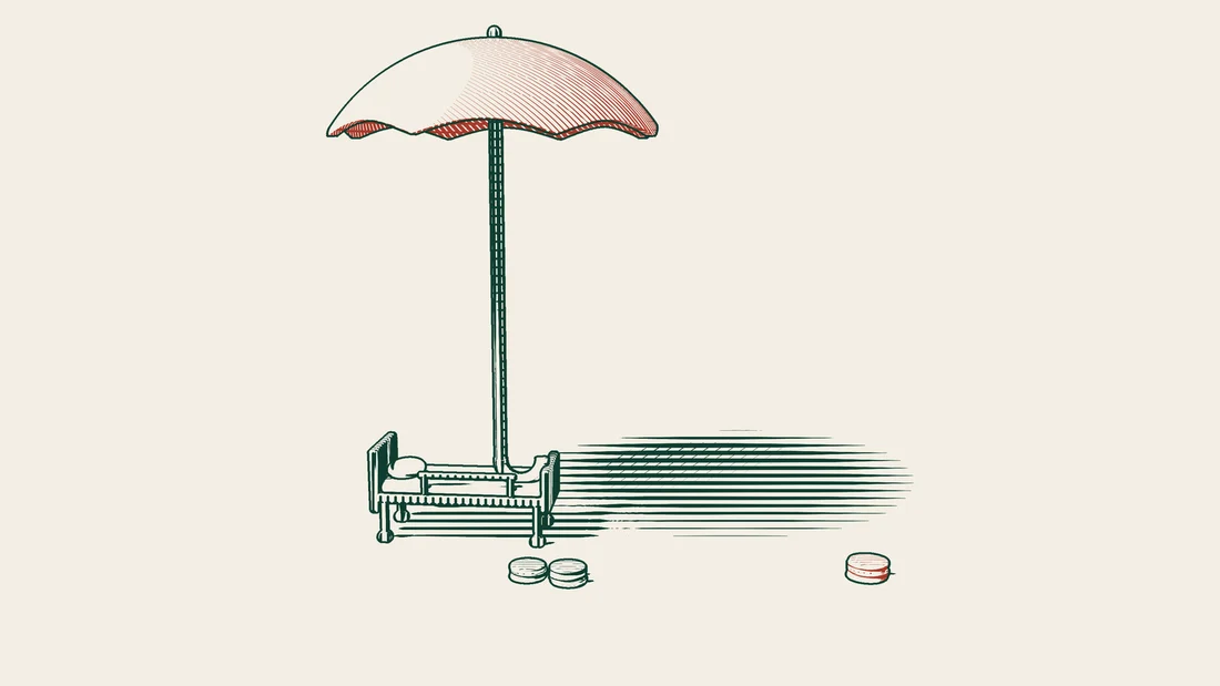 A red umbrella sheltering a hospital bed and stacks of coins, with a single red coin stack standing outside it.