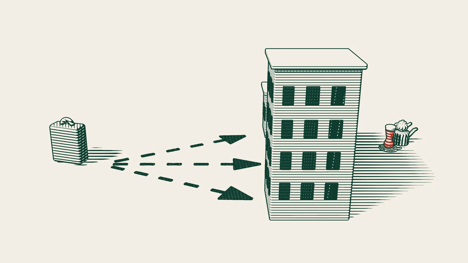 Engraving: three arrowed paths lead from a suitcase to a small office, a medium building and a large building, with a Turkish tea set beside them.