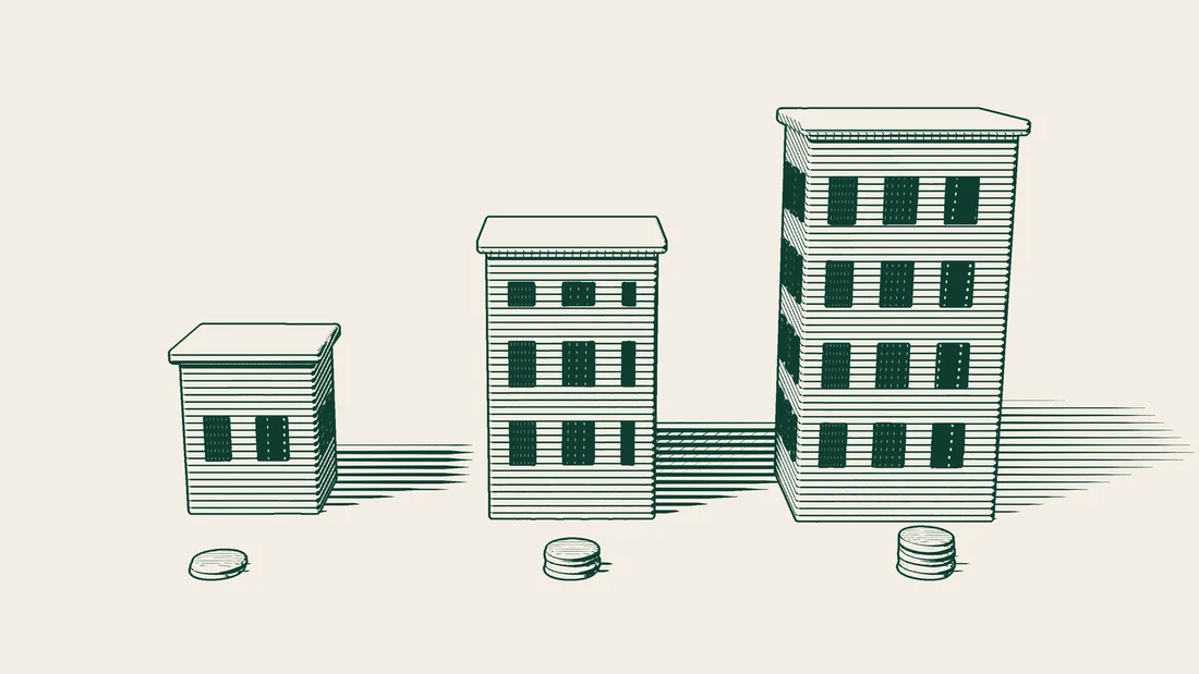 Three buildings of different sizes, each fronted by a stack of coins of a different height.