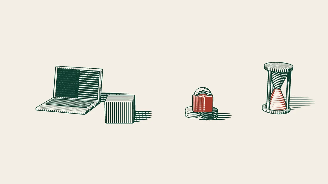 A shopping bag in front of a laptop with a dark screen, beside stacks of coins held by a red padlock and an hourglass.