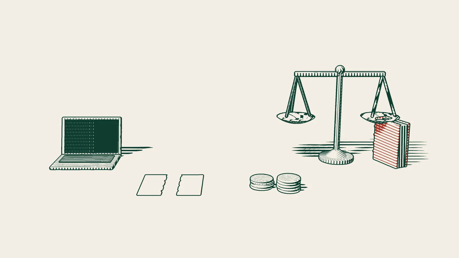 Engraving: a laptop with a dark screen, a sheet torn in two, stacks of coins, and scales beside a red-bound book.