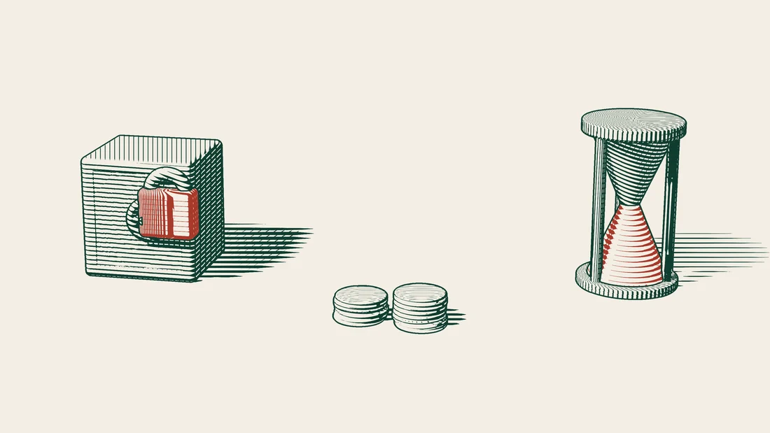 Stacks of coins wait in front of a safe with a red lock, with an hourglass beside them.