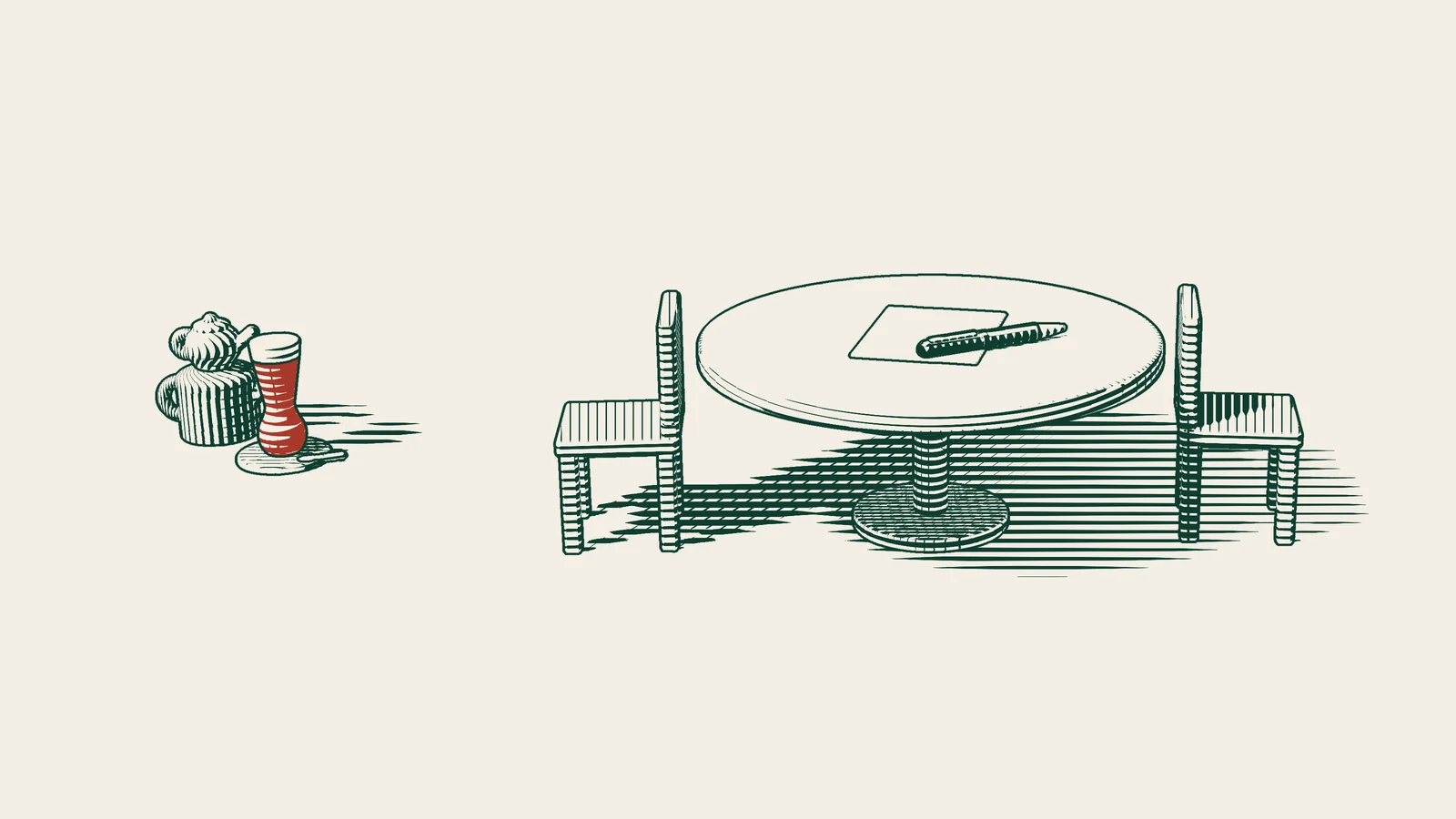 Engraving: two empty chairs face each other across a round table holding a blank agreement and a pen, with a Turkish tea set beside.