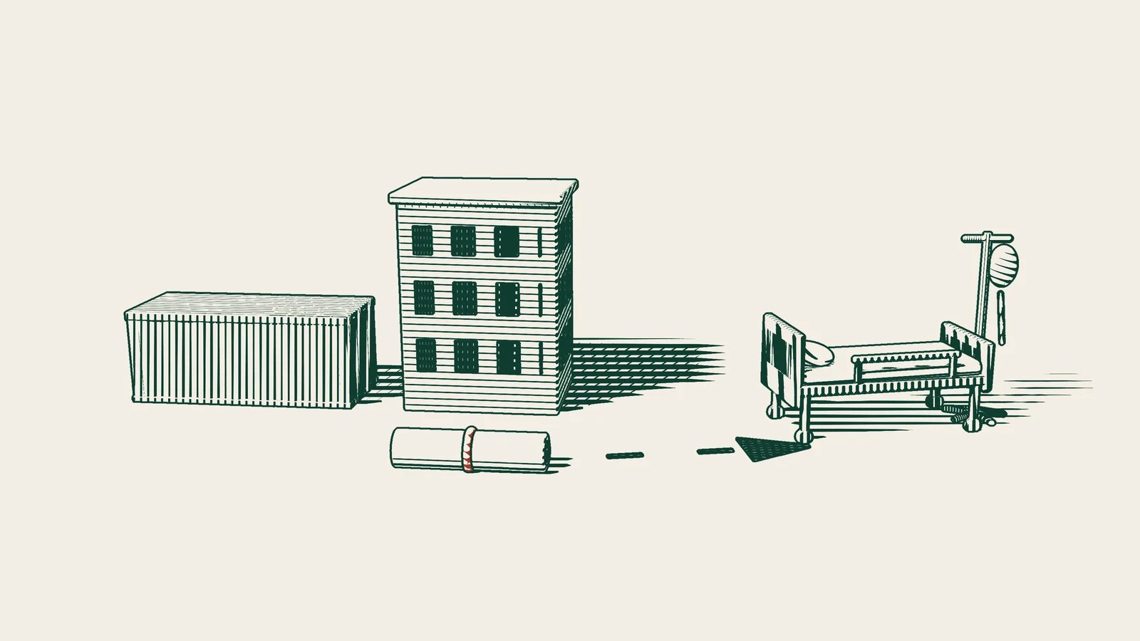 Engraving: a cargo container, a ribboned document in front of a building, and an arrowed path from the document to a hospital bed and a drip stand.