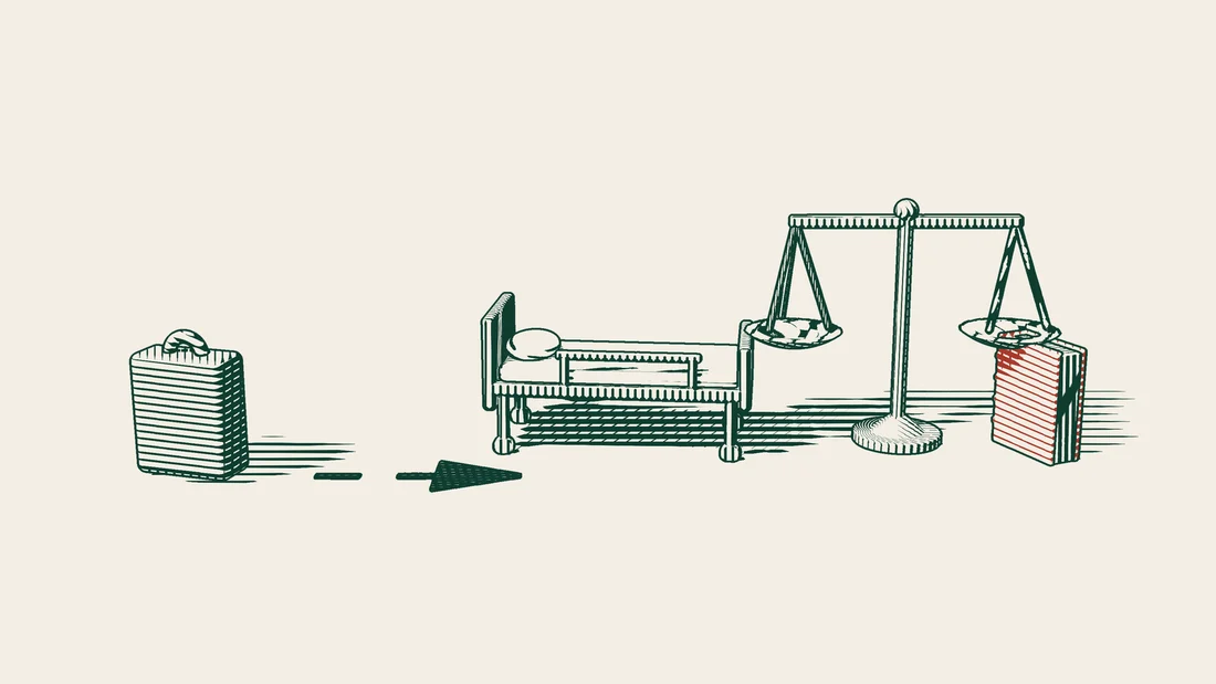 An arrowed path running from a suitcase to a hospital bed, with a pair of scales and a red-bound book beside it.