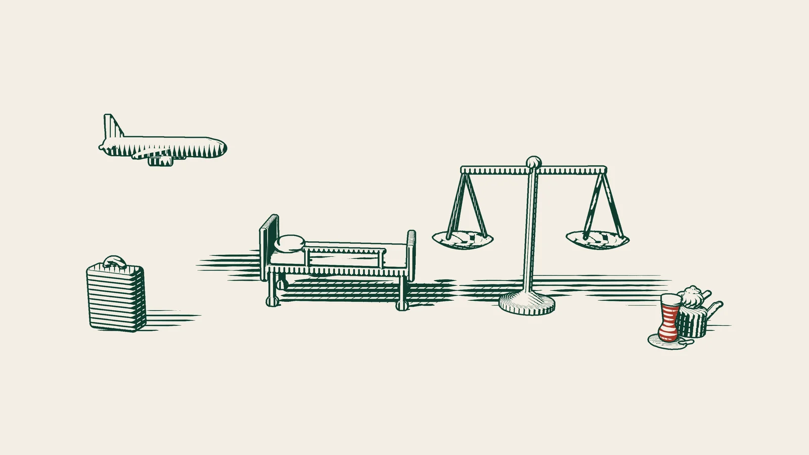 Engraving: an aeroplane and a suitcase, a hospital bed and a set of scales, with a Turkish tea set at the side.